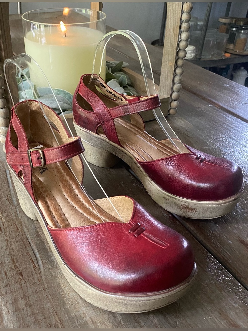 Jafa Boho Leather Platform Handmade Strappy Mary Jane Sandals Womens 38 Ruby Red - Picture 10 of 16